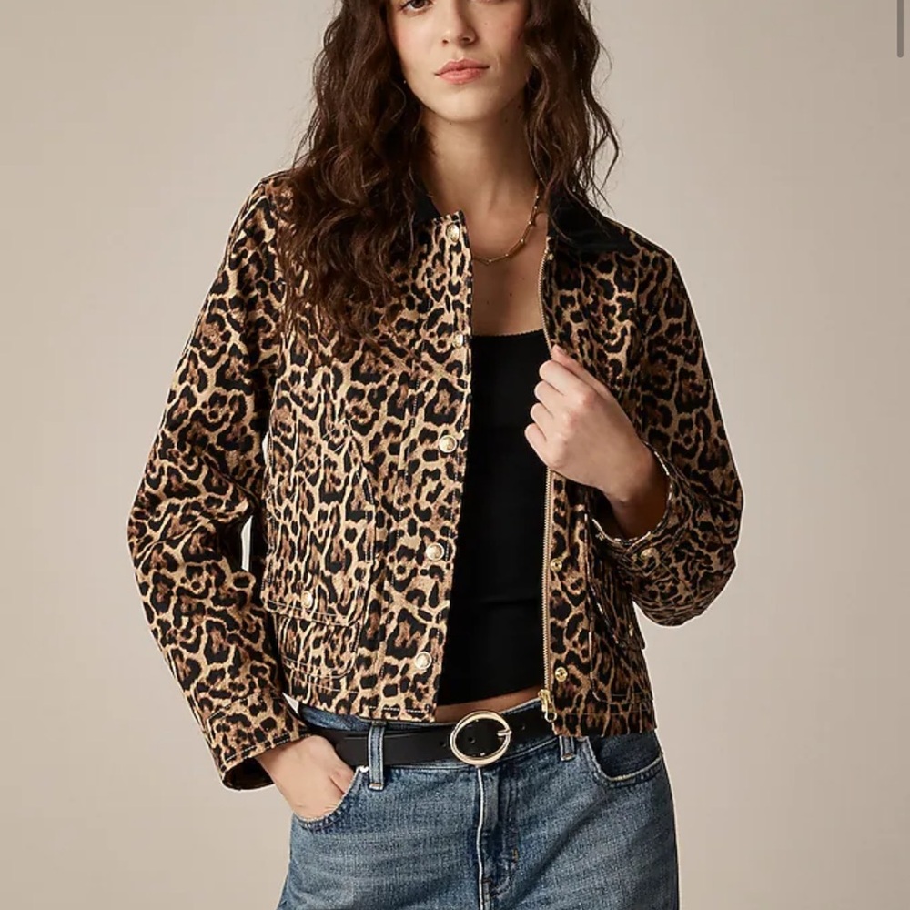 J. Crew Short Barn Jacket in leopard cotton canvas